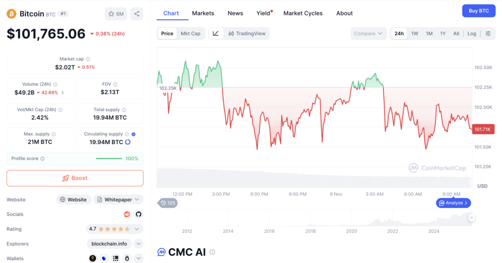 نمودار قیمت و اطلاعات بازار بیت کوین - منبع: CoinMarketCap